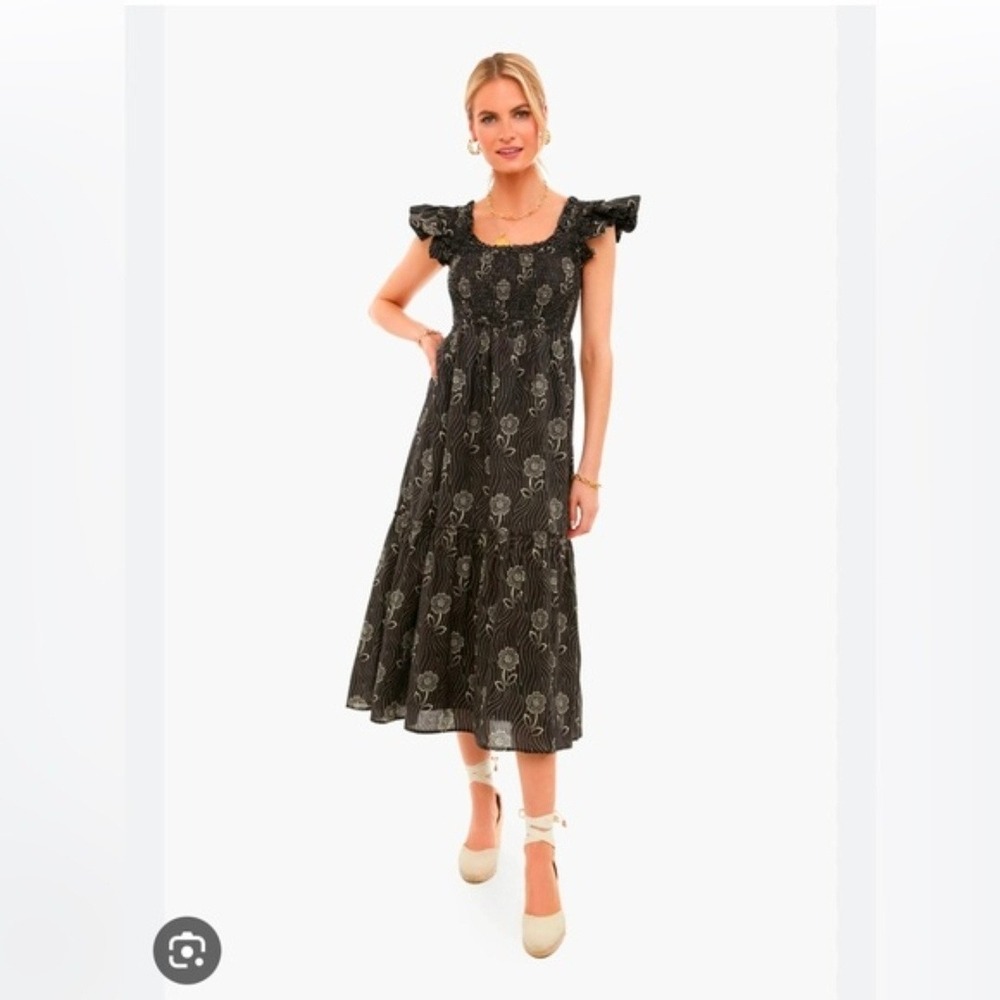 Tuckernuck Mallie Dress Midnight Posy Black White Floral Smocked Midi Dress